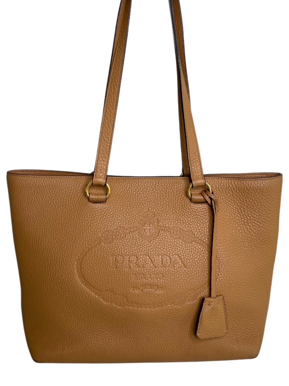 Authentic Prada Logo Embossed Large Tote in Canella (Camel / Cognac Brown) + COA
